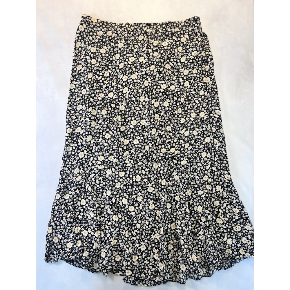 Vintage style women’s black daisy floral midi skirt ruffle hem